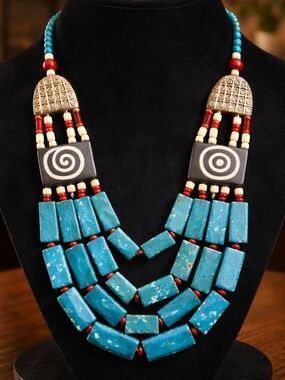 Source Unknown Blue and Red Multistrand Statement Necklace